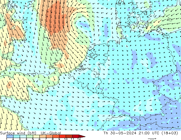 Surface wind (bft) UK-Global Th 30.05.2024 21 UTC