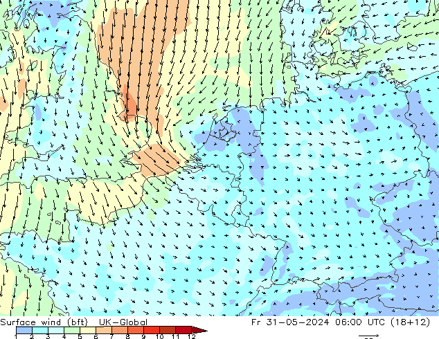 Wind 10 m (bft) UK-Global vr 31.05.2024 06 UTC