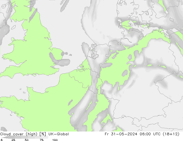 Cloud cover (high) UK-Global Fr 31.05.2024 06 UTC