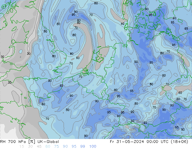 RH 700 hPa UK-Global Fr 31.05.2024 00 UTC