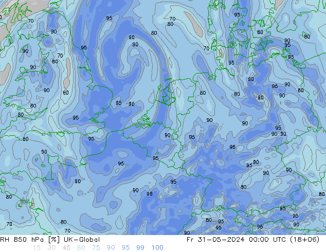 RH 850 hPa UK-Global Fr 31.05.2024 00 UTC