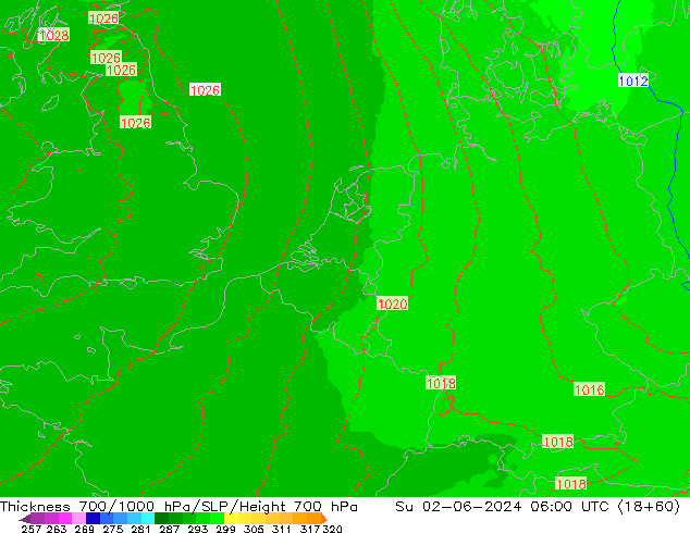 Thck 700-1000 hPa UK-Global Ne 02.06.2024 06 UTC