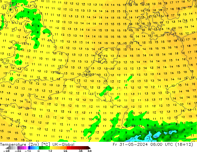 Temperaturkarte (2m) UK-Global Fr 31.05.2024 06 UTC