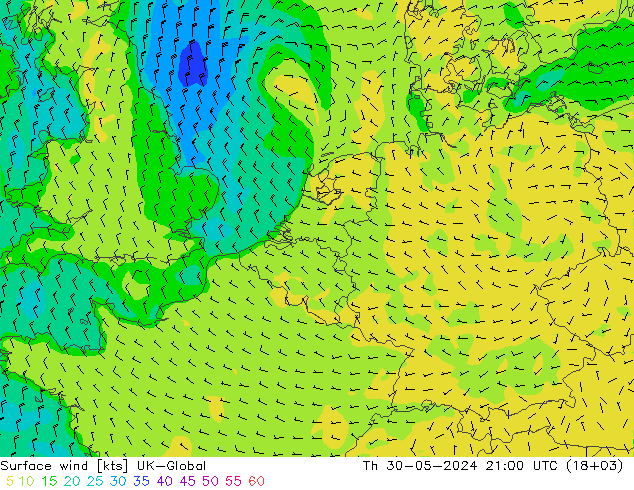 Surface wind UK-Global Th 30.05.2024 21 UTC
