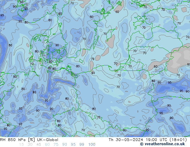 RH 850 hPa UK-Global czw. 30.05.2024 19 UTC