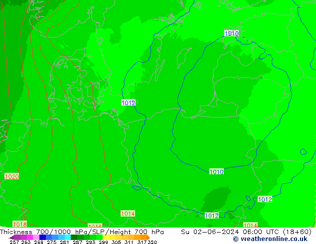 Thck 700-1000 hPa UK-Global dim 02.06.2024 06 UTC