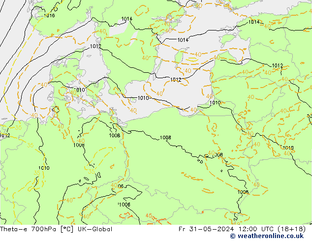 Theta-e 700hPa UK-Global vie 31.05.2024 12 UTC