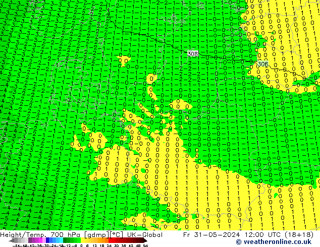 Géop./Temp. 700 hPa UK-Global ven 31.05.2024 12 UTC