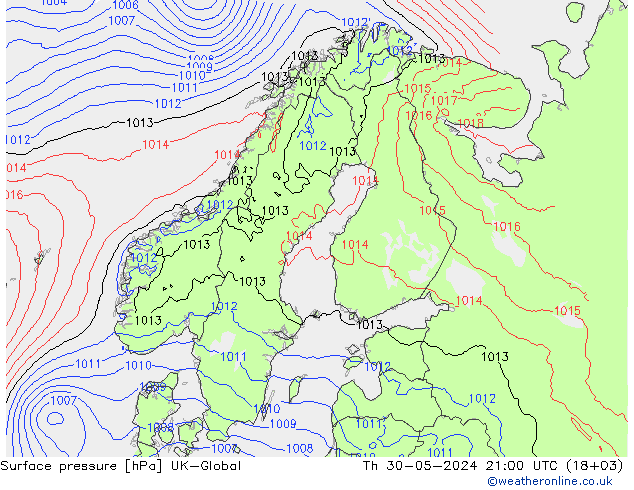 Atmosférický tlak UK-Global Čt 30.05.2024 21 UTC