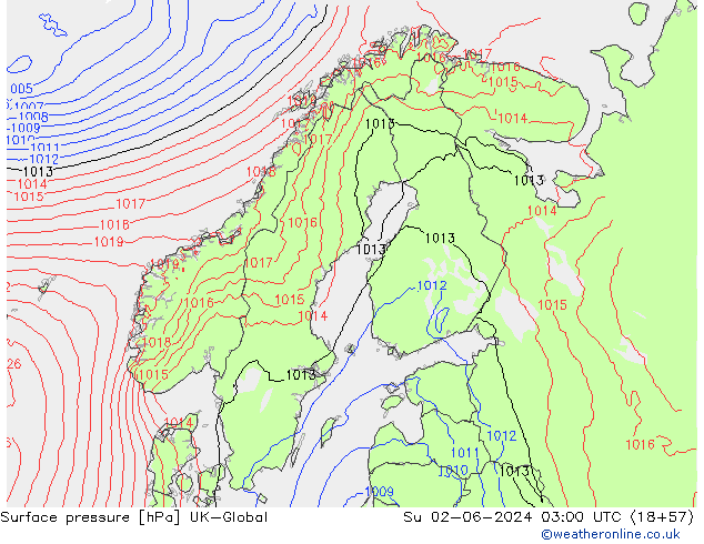 Pressione al suolo UK-Global dom 02.06.2024 03 UTC