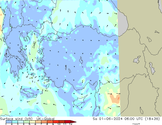 wiatr 10 m (bft) UK-Global so. 01.06.2024 06 UTC