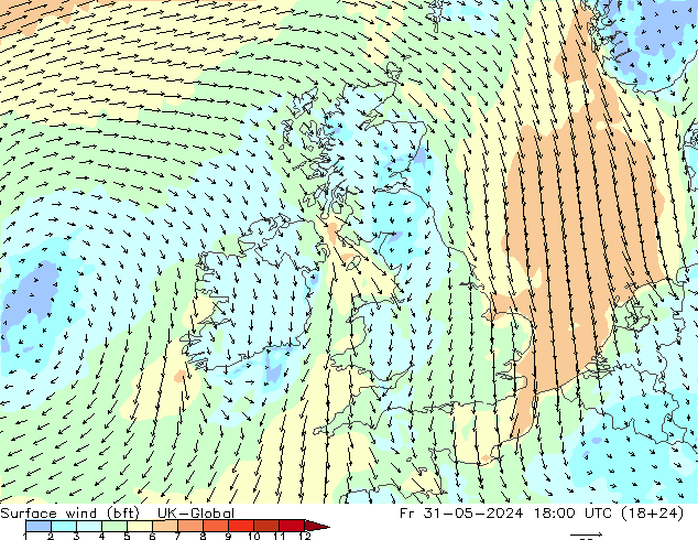 Wind 10 m (bft) UK-Global vr 31.05.2024 18 UTC