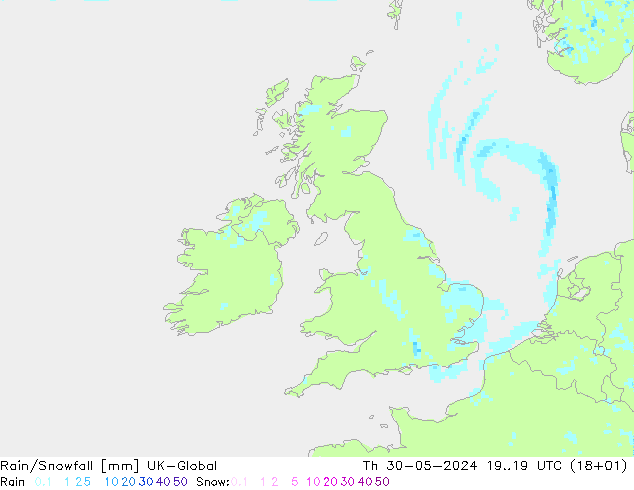 Rain/Snowfall UK-Global Qui 30.05.2024 19 UTC