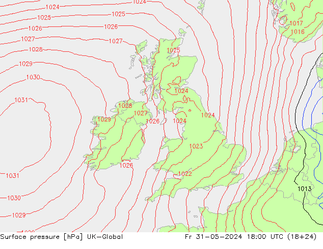 Atmosférický tlak UK-Global Pá 31.05.2024 18 UTC