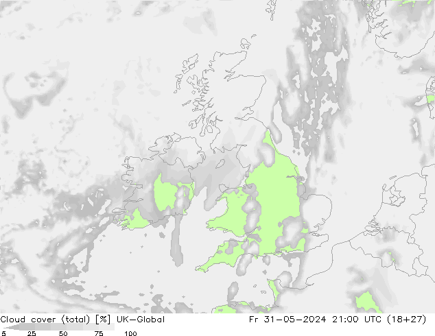 Cloud cover (total) UK-Global Pá 31.05.2024 21 UTC