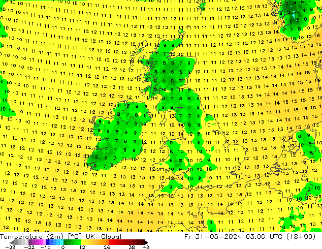 Temperature (2m) UK-Global Fr 31.05.2024 03 UTC