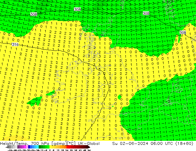 Height/Temp. 700 hPa UK-Global Su 02.06.2024 06 UTC
