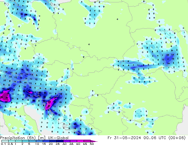 Precipitation (6h) UK-Global Fr 31.05.2024 06 UTC