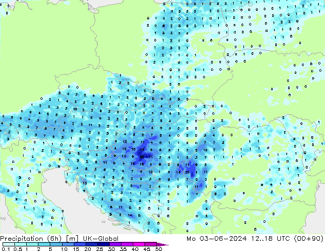 Totale neerslag (6h) UK-Global ma 03.06.2024 18 UTC