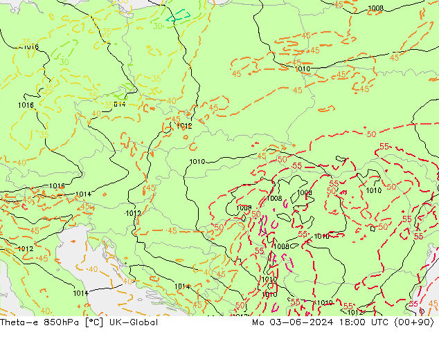 Theta-e 850hPa UK-Global Mo 03.06.2024 18 UTC
