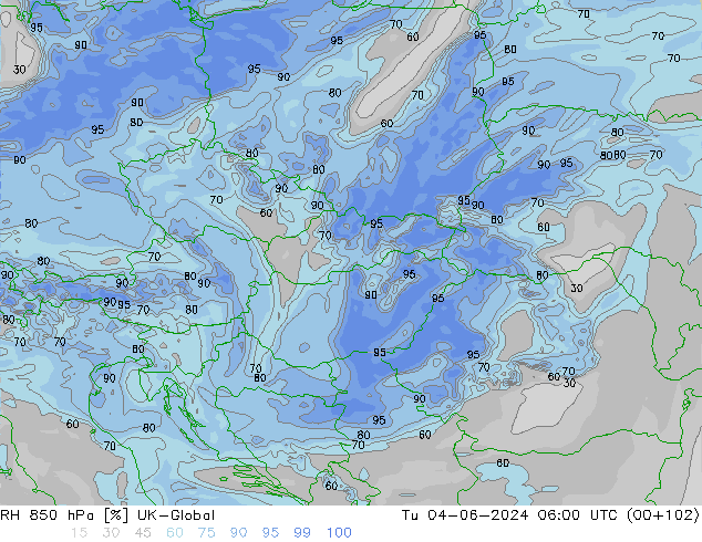Humidité rel. 850 hPa UK-Global mar 04.06.2024 06 UTC