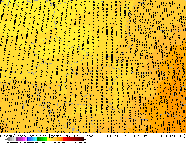 Géop./Temp. 850 hPa UK-Global mar 04.06.2024 06 UTC