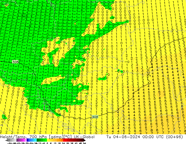 Geop./Temp. 700 hPa UK-Global mar 04.06.2024 00 UTC