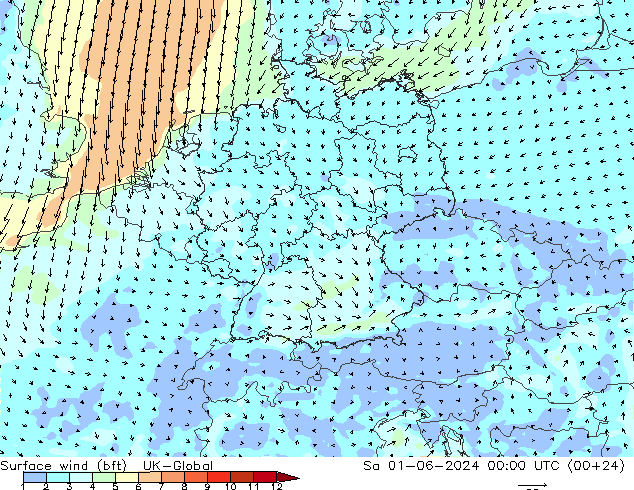 Viento 10 m (bft) UK-Global sáb 01.06.2024 00 UTC