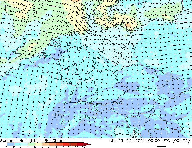 Surface wind (bft) UK-Global Mo 03.06.2024 00 UTC