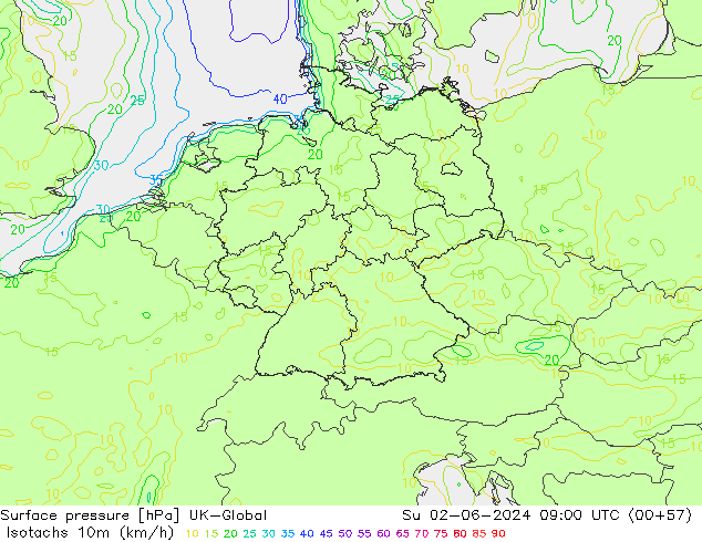 Isotachs (kph) UK-Global Su 02.06.2024 09 UTC