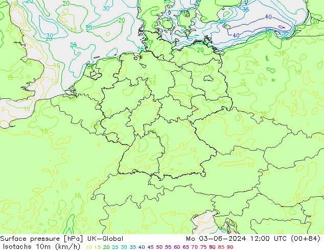 Isotachs (kph) UK-Global Po 03.06.2024 12 UTC