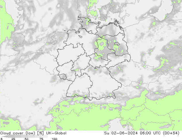 Bewolking (Laag) UK-Global zo 02.06.2024 06 UTC