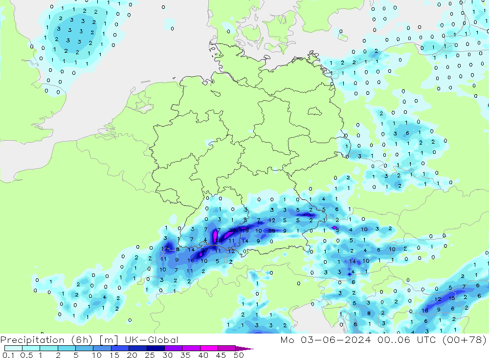 Precipitação (6h) UK-Global Seg 03.06.2024 06 UTC