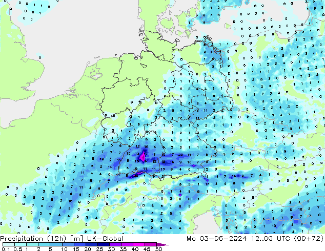 Precipitation (12h) UK-Global Mo 03.06.2024 00 UTC