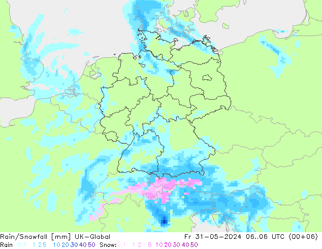 Rain/Snowfall UK-Global 星期五 31.05.2024 06 UTC
