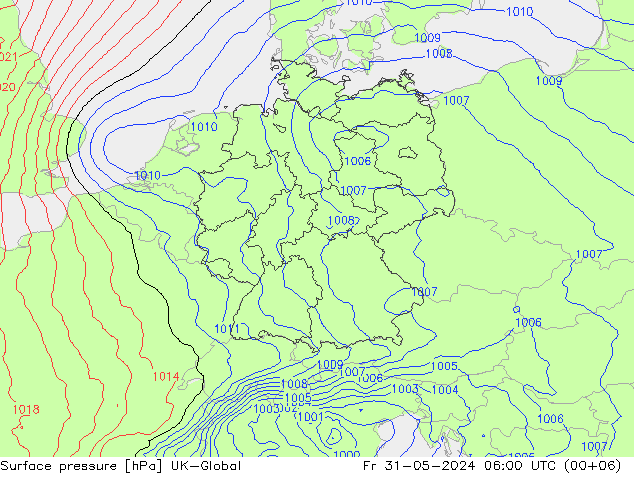 Pressione al suolo UK-Global ven 31.05.2024 06 UTC