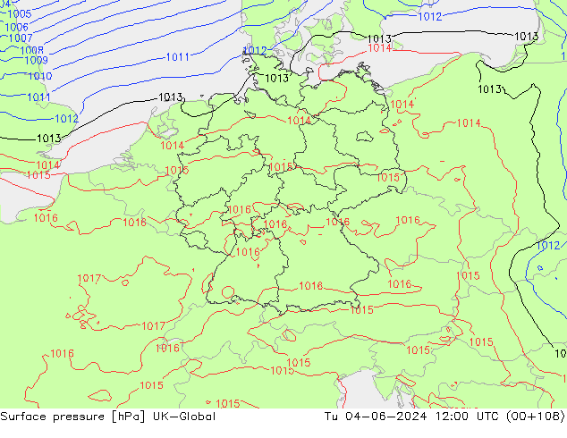 Surface pressure UK-Global Tu 04.06.2024 12 UTC