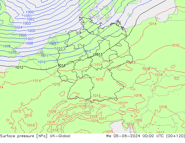 Pressione al suolo UK-Global mer 05.06.2024 00 UTC