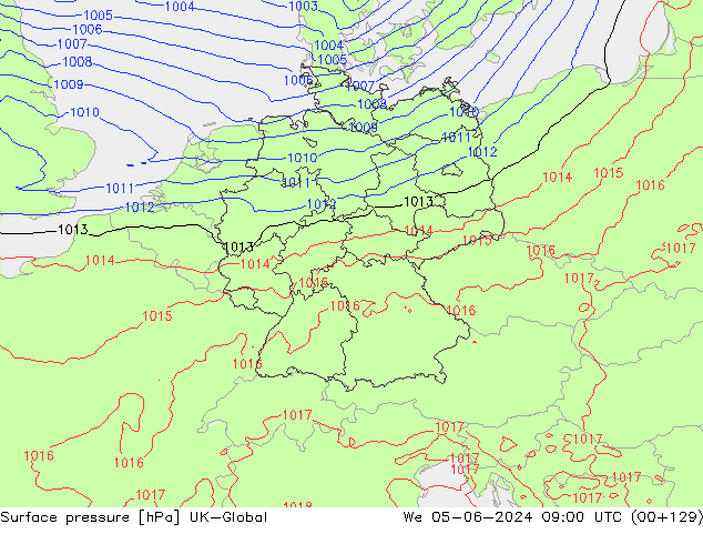 Pressione al suolo UK-Global mer 05.06.2024 09 UTC