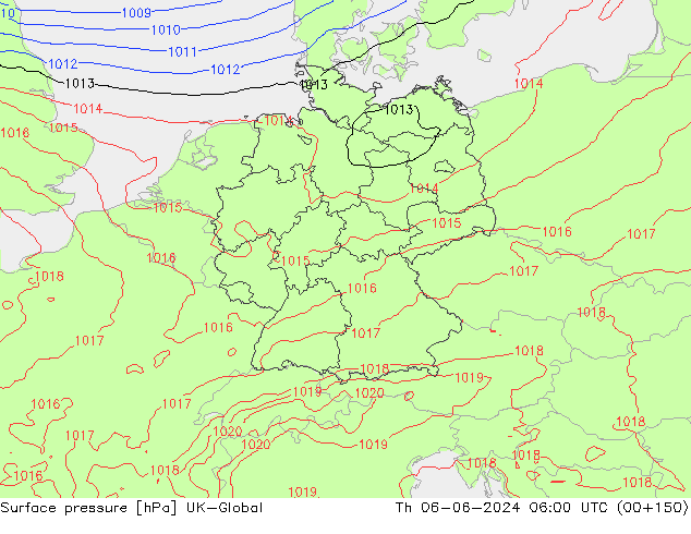 Atmosférický tlak UK-Global Čt 06.06.2024 06 UTC