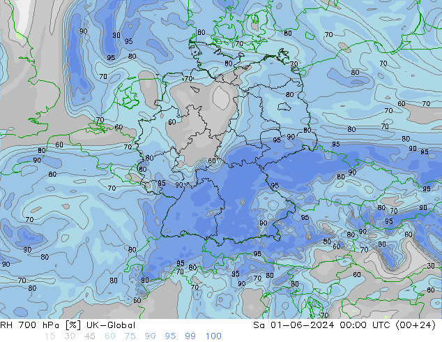 Humedad rel. 700hPa UK-Global sáb 01.06.2024 00 UTC