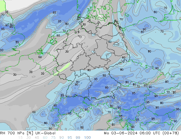 RH 700 hPa UK-Global Mo 03.06.2024 06 UTC
