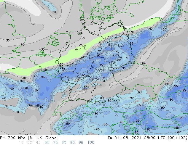 RH 700 hPa UK-Global Tu 04.06.2024 06 UTC