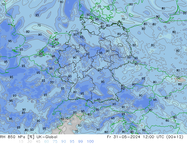 Humidité rel. 850 hPa UK-Global ven 31.05.2024 12 UTC