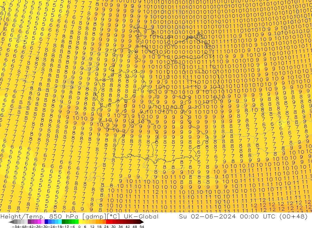 Height/Temp. 850 hPa UK-Global nie. 02.06.2024 00 UTC