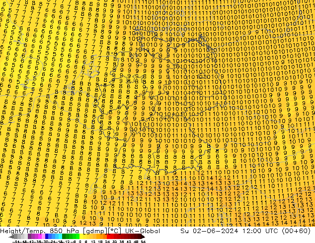 Hoogte/Temp. 850 hPa UK-Global zo 02.06.2024 12 UTC