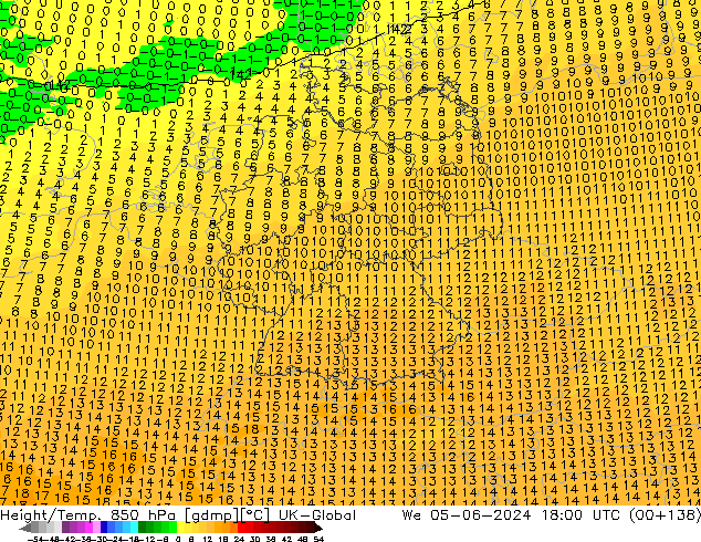 Hoogte/Temp. 850 hPa UK-Global wo 05.06.2024 18 UTC