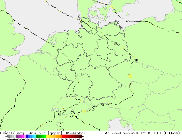 Height/Temp. 950 hPa UK-Global Mo 03.06.2024 12 UTC