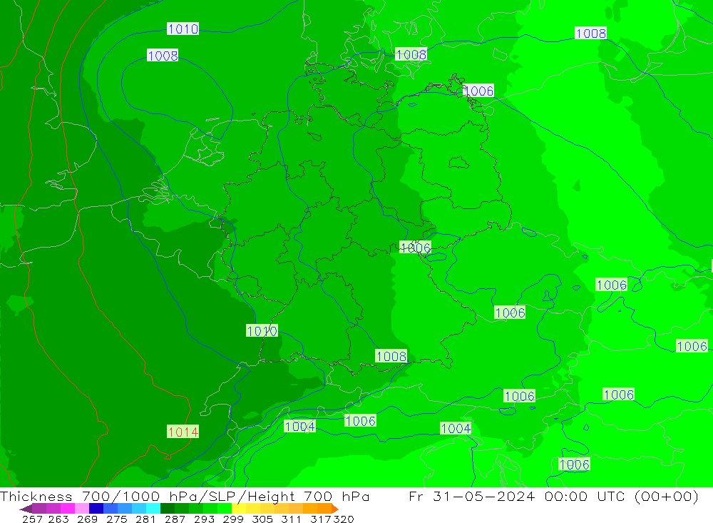 Thck 700-1000 hPa UK-Global 星期五 31.05.2024 00 UTC