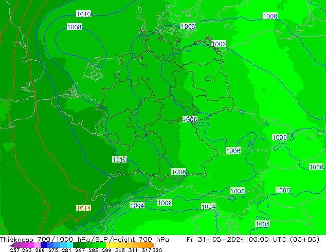 Espesor 700-1000 hPa UK-Global vie 31.05.2024 00 UTC